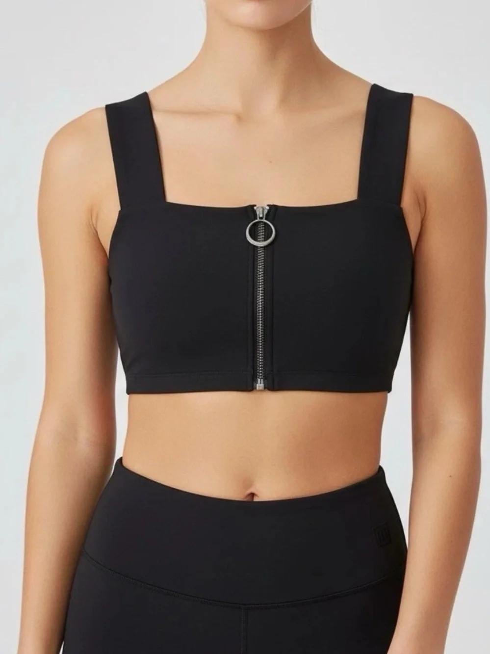 ALO Yoga Black Front-Zip Square-Neck Sports Bra